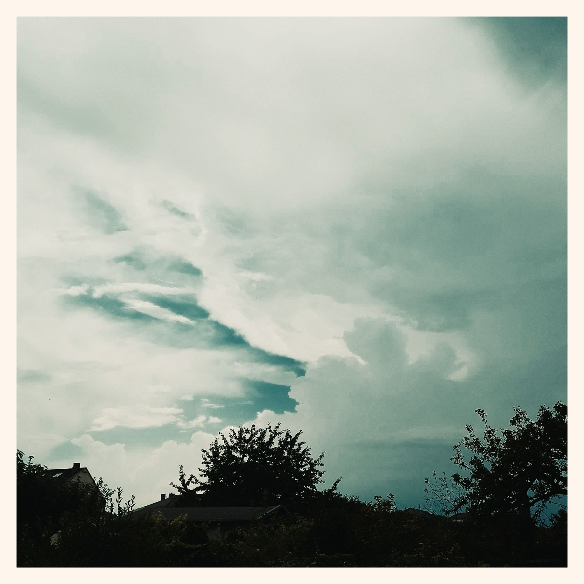 Temporary storm clouds, lomo-coloured. A treeline below.