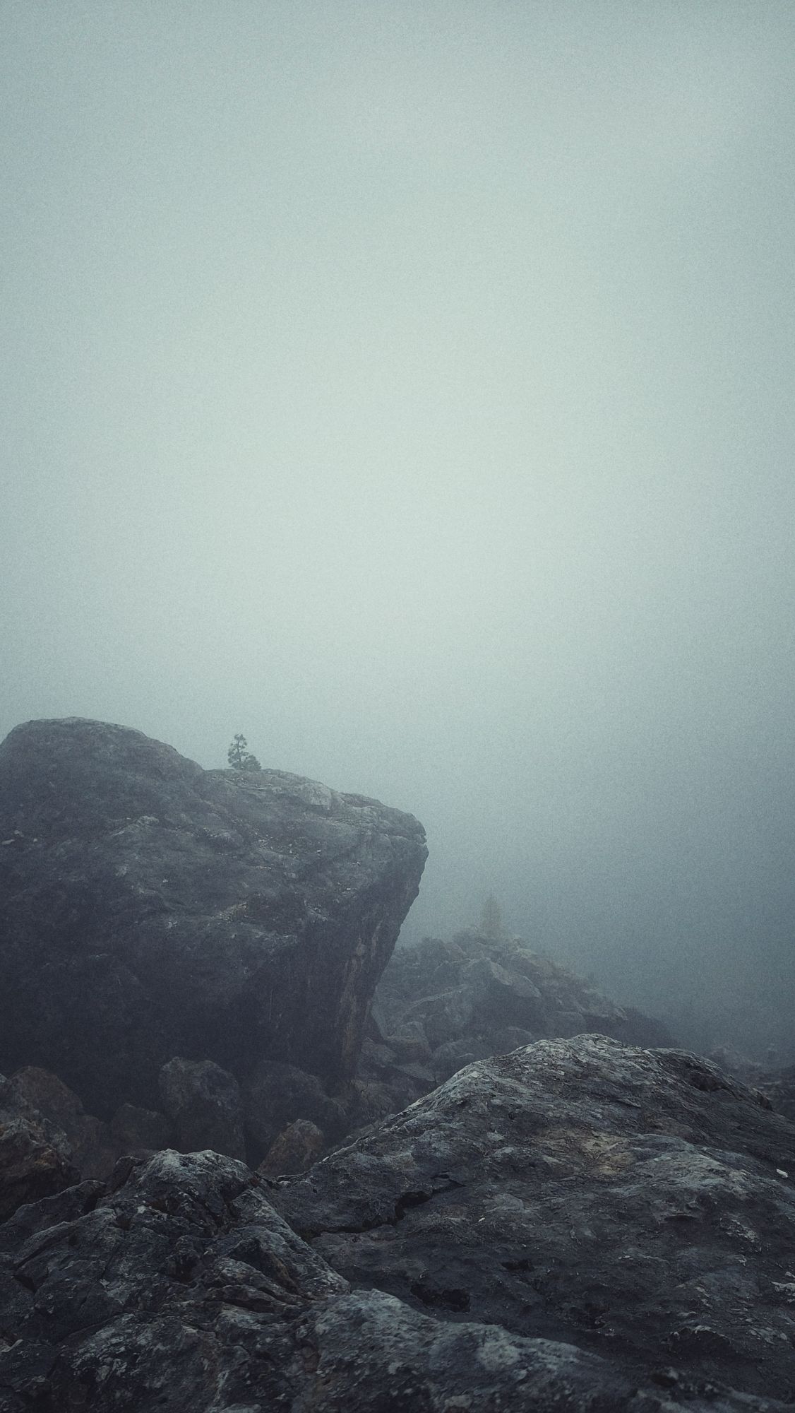 A part across solid rocks. Most of the picture is grey from fog.