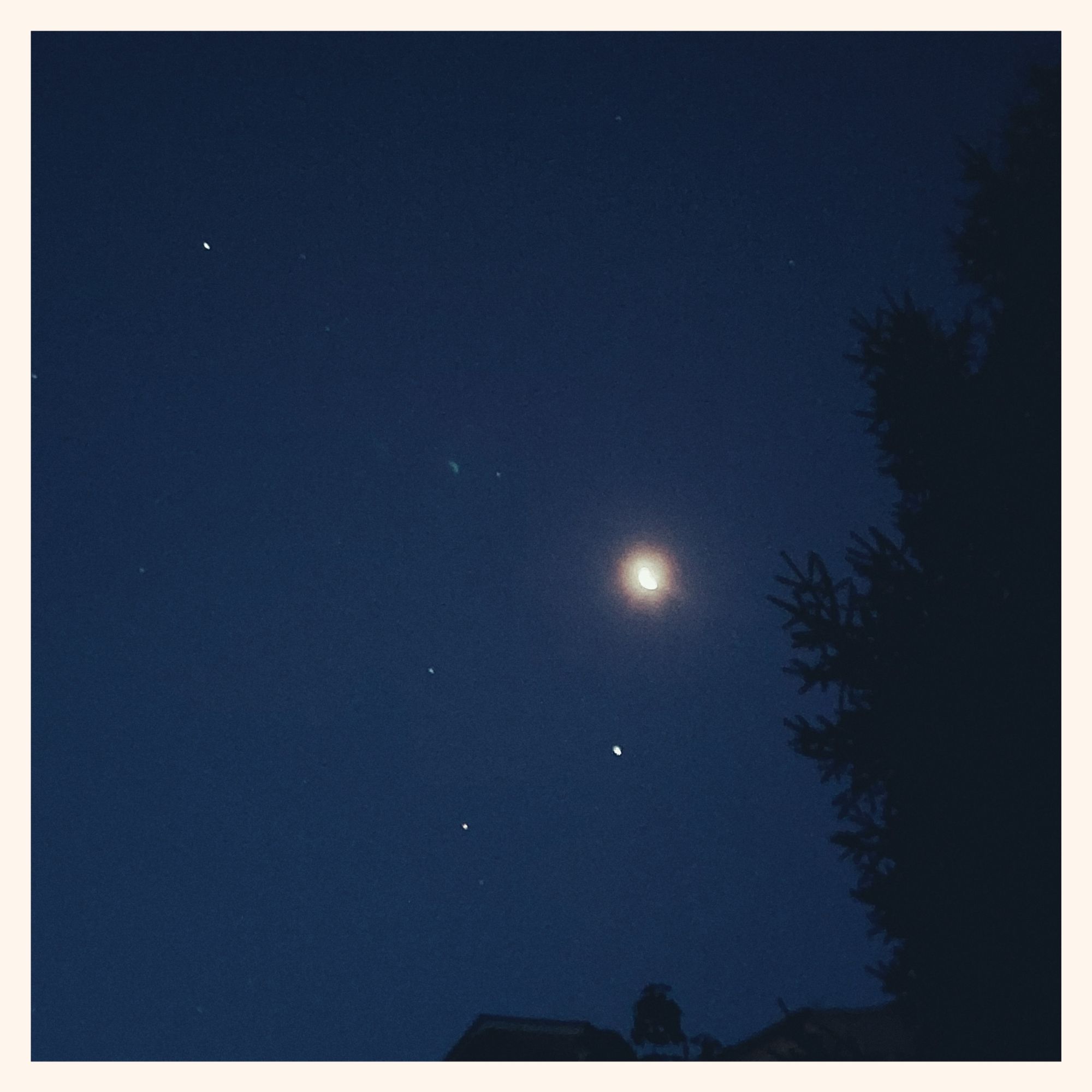 A bright moon and a couple of stars on a dark morning sky. Line of a roof below, and a tall tree on the right. 