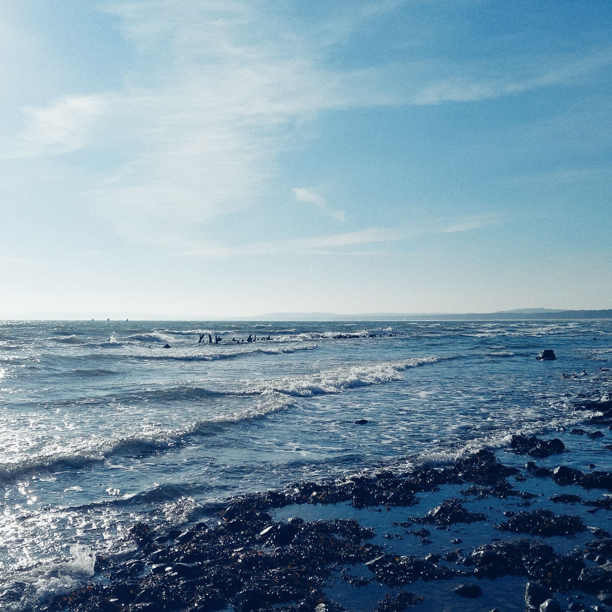 Strong waves on a rocky shore.