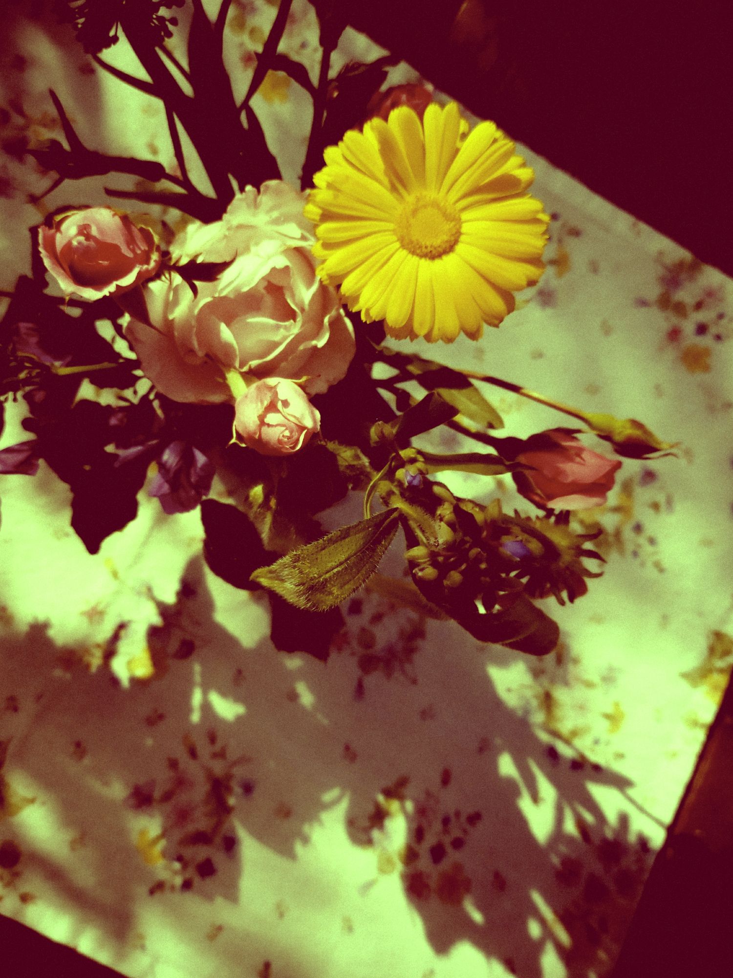 A bouquet of flowers on a tablecloth, afternoon light.