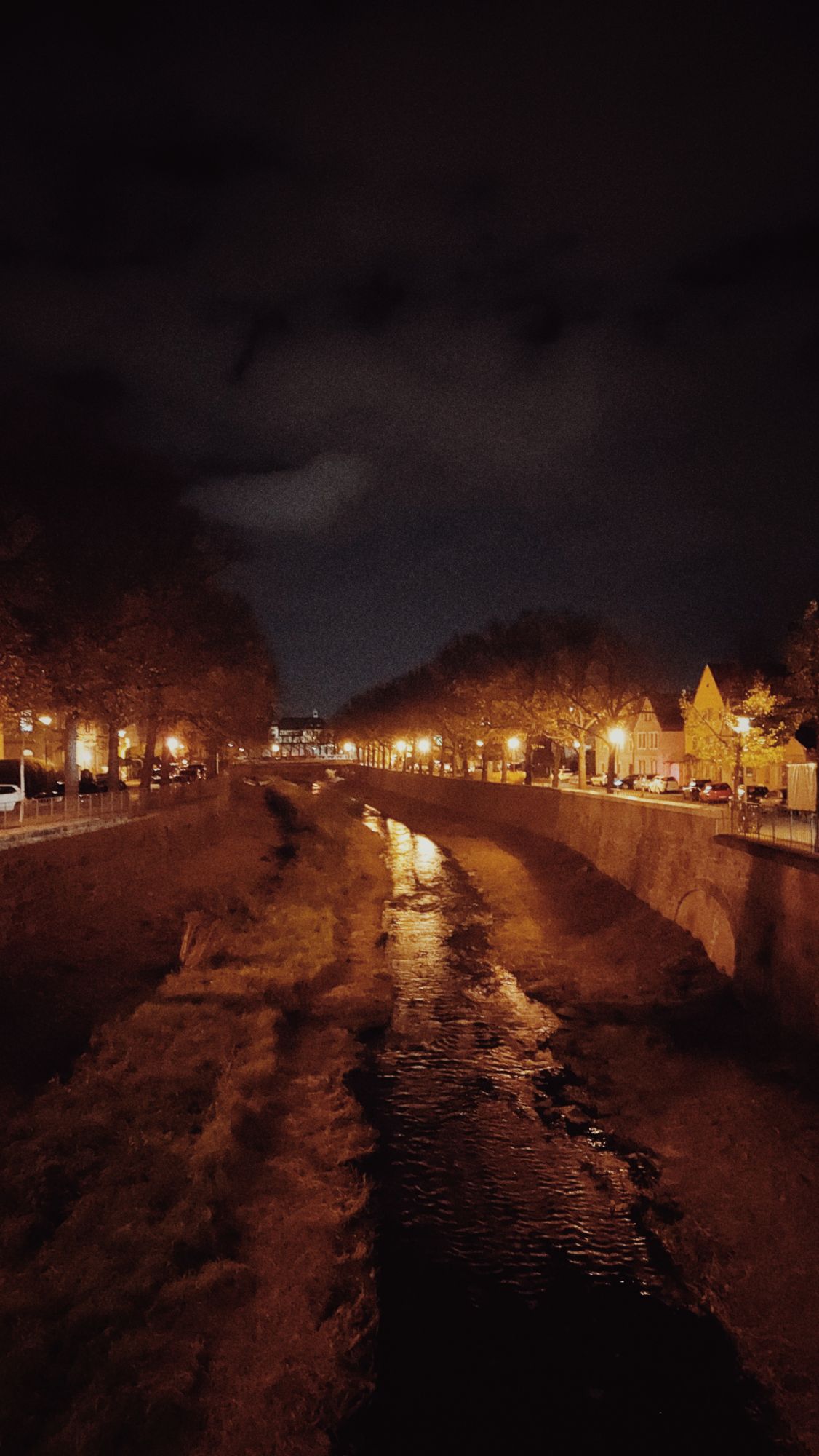 A small river in a narrow channel, surrounded by a stripe of meadow, trees and city. Beyond dusk. Night lights.