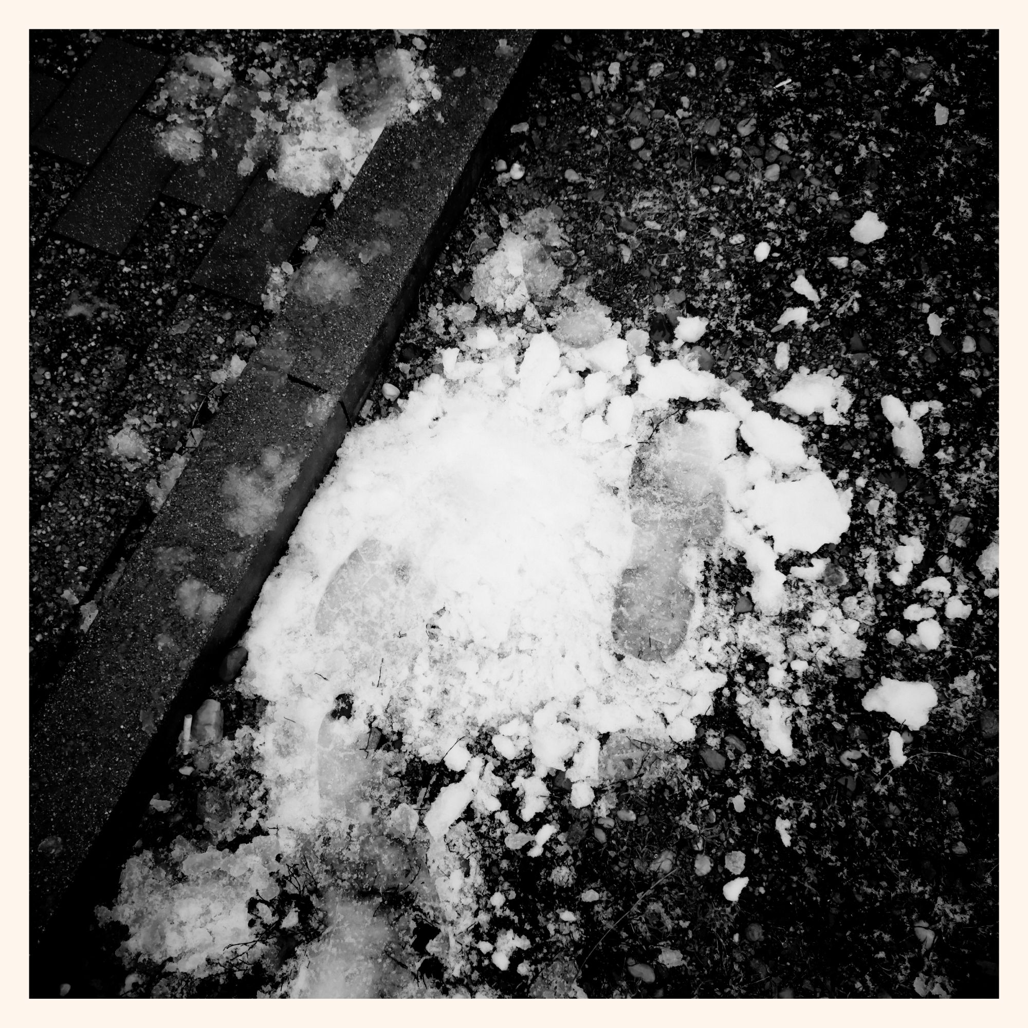 A small batch of snow with a footprint on it.