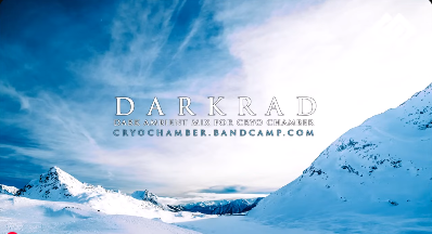 DARKRAD video preview image hinting to CryoChamber bandcamp profile. Behind, a white wintry landscape with a blue sunny sky above.