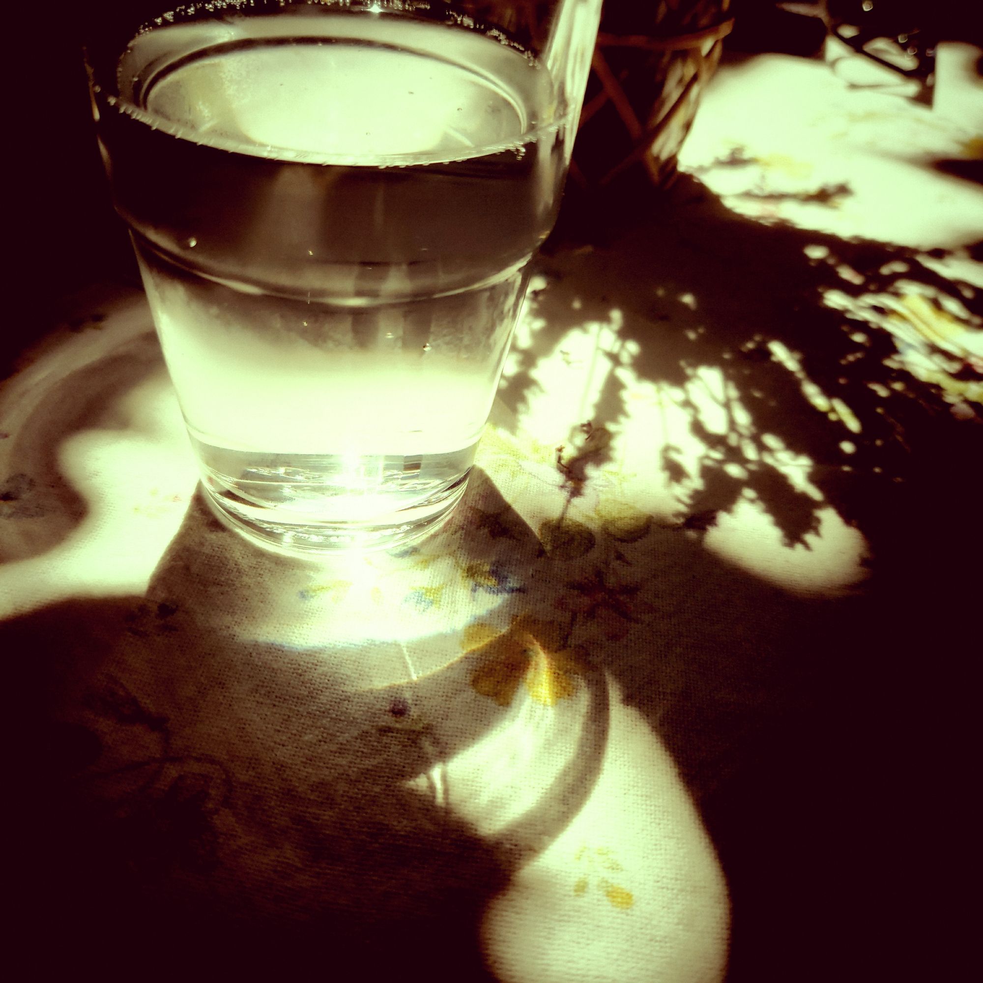 A glass of water on a tablecloth with flowers. Shadows of lavender and lilac.