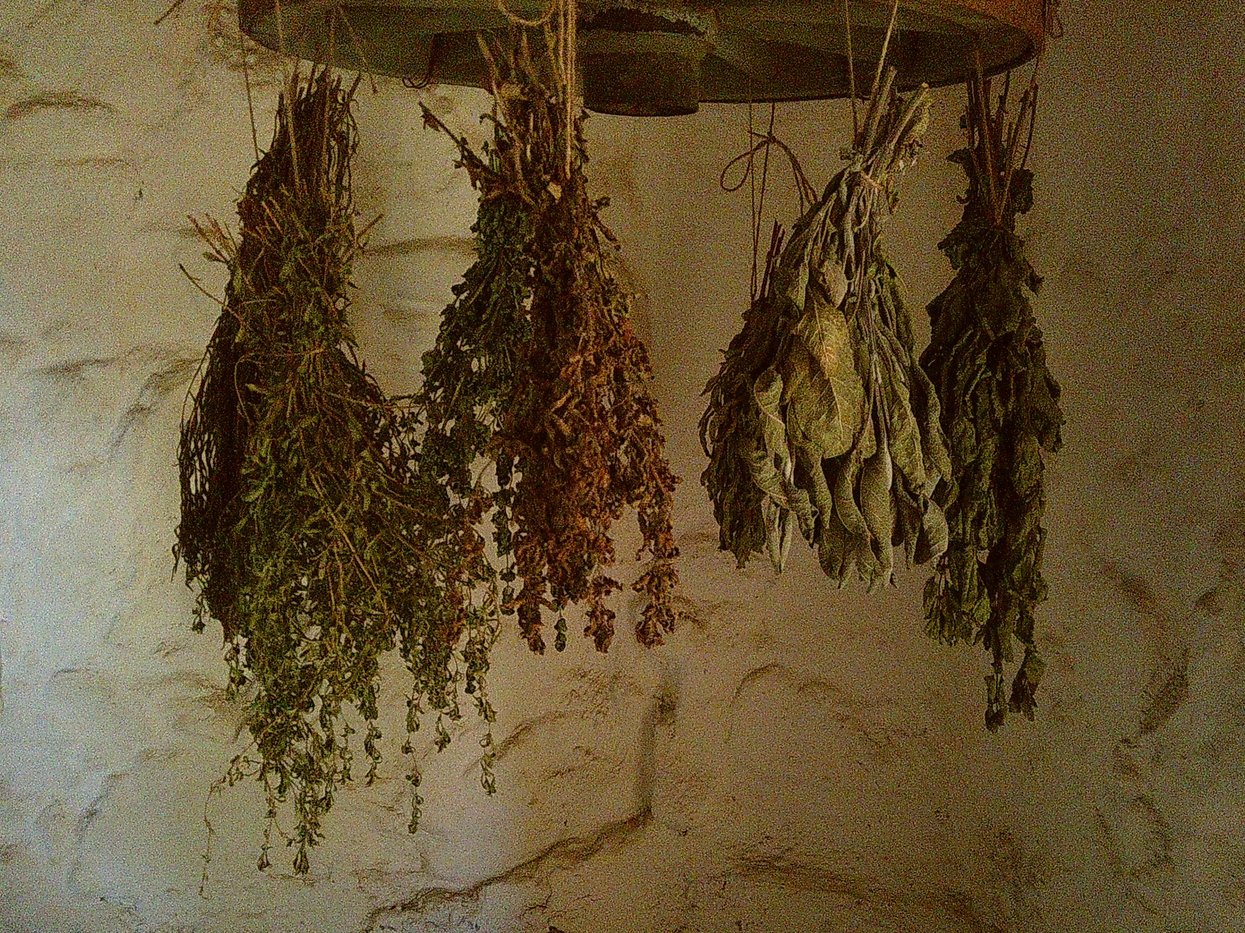 Different kinds of dried herbs hanging from a suspension made of an old carriage wheel.